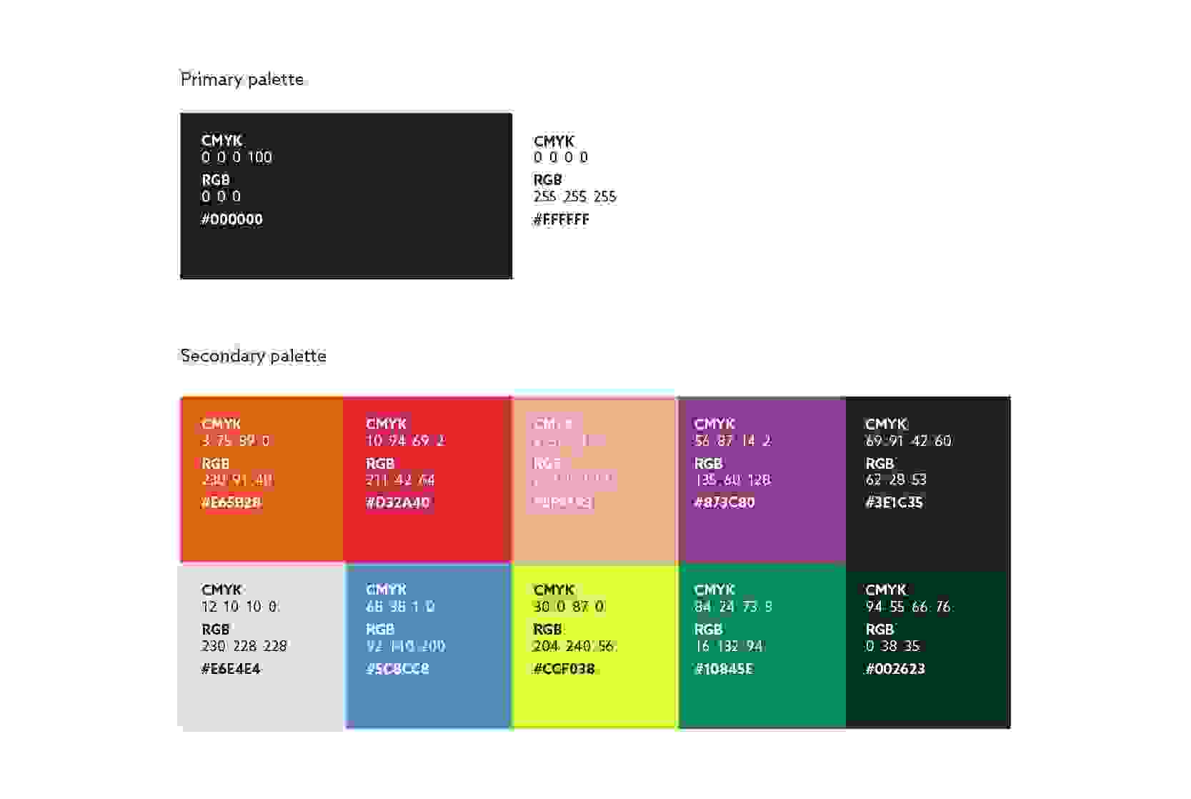 TOTIM colour palette complete with RGB, CMYK and hex codes